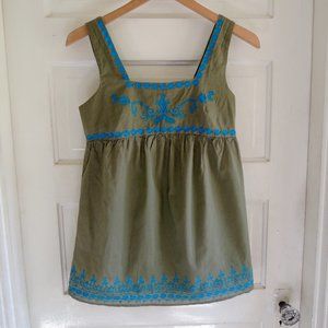 Mimi Chica Olive & Blue Embroidered Peasant Tank Top S